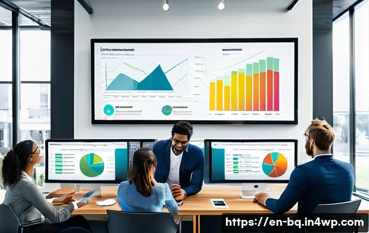 고객 피드백 시스템의 ROI 분석 - A modern office environment with diverse professionals collaborating around a large digital screen d...